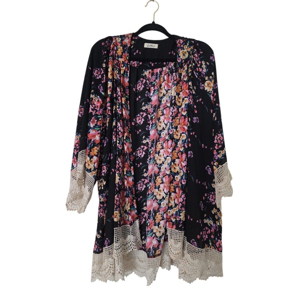 Umgee Cardigan Duster Top Sz S/M Floral Open Front Crocheted Cottagecore Hippie
